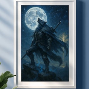 Blaidd the Half-Wolf – Elden Ring Fan Art Poster | Howling Moon Fantasy Warrior Print
