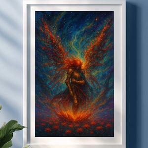 Cosmic Malenia Art Print – Elden Ring Oil Style Poster – Soulsborne Goddess – Fire and Stars Theme