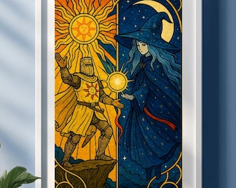 Può includere: Un'illustrazione in stile vetrata di un cavaliere in armatura dorata che tiene un sole e una strega con un abito blu che tiene una luna crescente. Il cavaliere si trova su uno spuntone roccioso sul lato sinistro dell'immagine e la strega su uno spuntone sul lato destro dell'immagine.