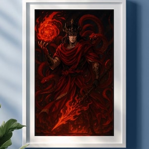May include: A digital painting of a man in a red robe holding a flaming spear. He is surrounded by red snakes and flames.