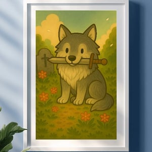 Sif – Chibi Great Grey Wolf Print | Dark Souls Fan Art, Cute Sword Wolf Poster, Soulsborne Companion Decor