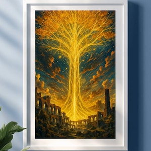 May include: A golden tree with glowing branches stands tall against a dark blue sky. The tree is surrounded by ruins, suggesting a sense of history and mystery.