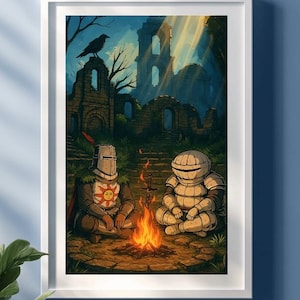 Cozy Bonfire Knight Art Print - Dark Souls Inspired Poster - Solaire and Siegmeyer Wall Art - Gamer Decor Gift