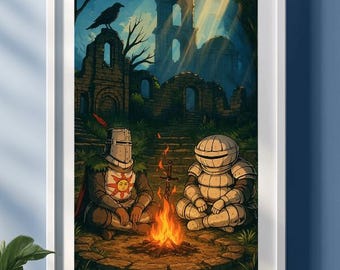 Dark Souls Art Print: Bonfire with Solaire & Siegmeyer