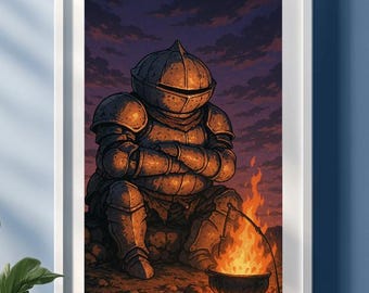 Siegward at Sunset – Dark Souls Cozy Bonfire Poster | Onion Knight Fan Art Print