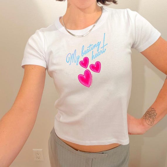 Beating Heart organic Baby Tee, Coquette Y2K Graphic Tee, organic hearts top, Summer Baby Tee Women, Retro Fitted Shirt, Cute Aesthetic Tee
