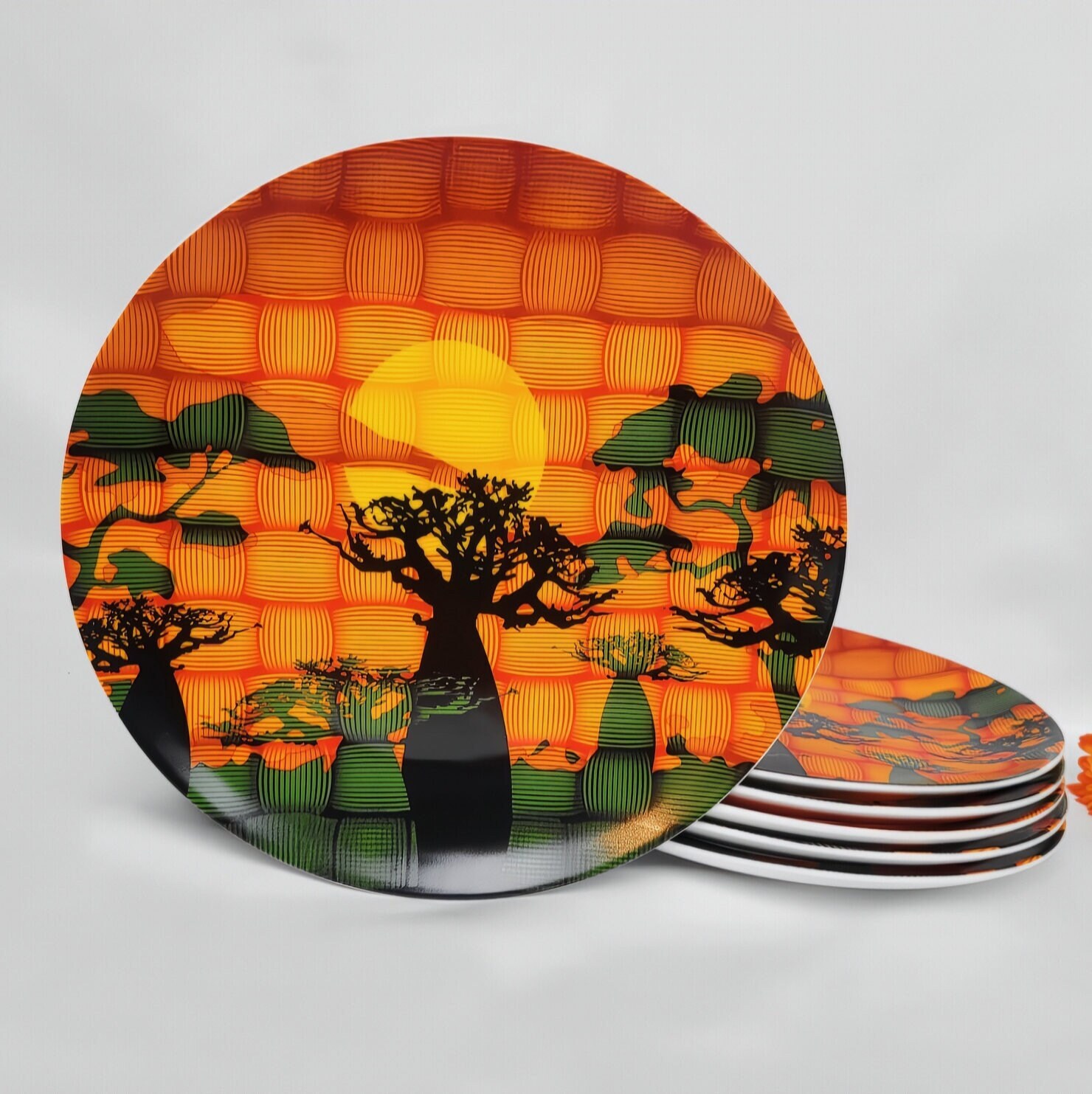 6 African Art Ceramic Plates for Dining & Home Decor, SET of 6 Plates