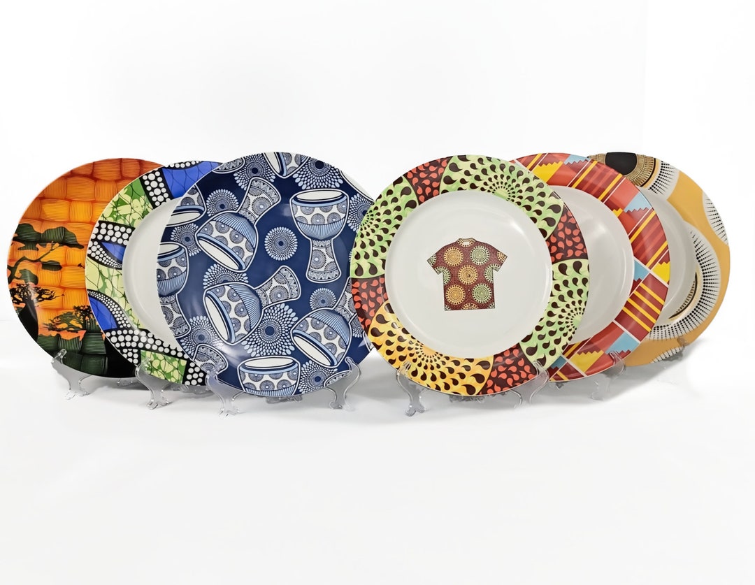 African Art Ceramic Plates for Dining & Home Decor, SET of 6 Plates