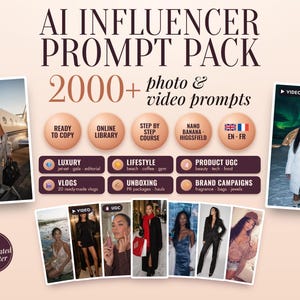 Może przedstawiać: Produkt cyfrowy zatytułowany AI INFLUENCER PROMPT PACK 2000+ photo & video prompts. Zawiera okrągłe ikony funkcji, takich jak ready to copy, online library i step by step course, oraz kategorie takie jak luxury, lifestyle i vlogs.