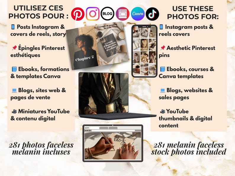 Use Melanin Faceless Stock Photos for Instagram, Pinterest, Canva templates, blogs and digital products – PLR MRR license included