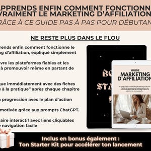 Aperçu des premières pages du guide expliquant les bases du marketing d’affiliation avec exemples simples, en français, destiné aux débutantes.