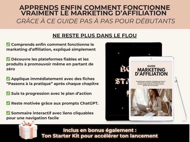 Aperçu des premières pages du guide expliquant les bases du marketing d’affiliation avec exemples simples, en français, destiné aux débutantes.
