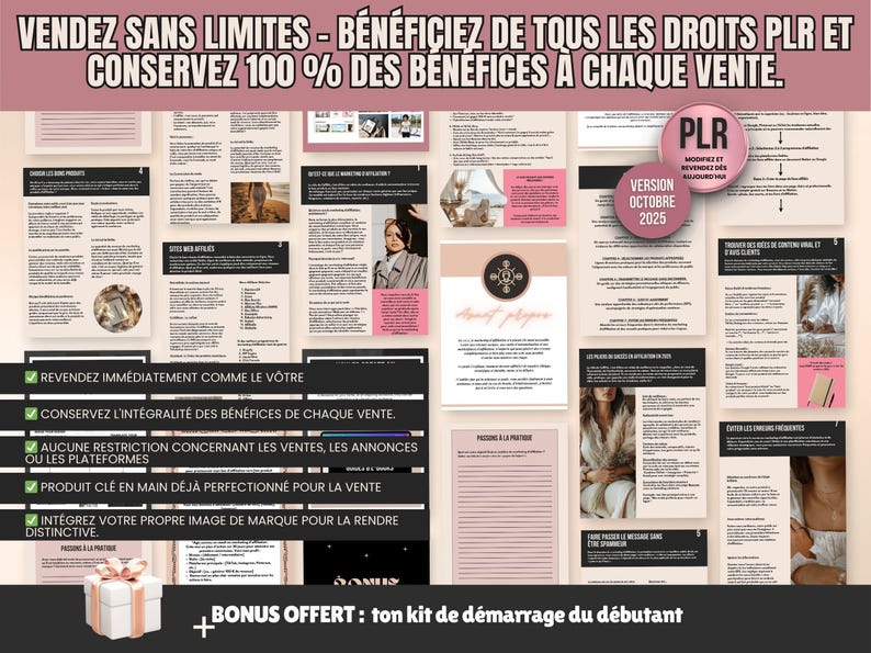 Image mettant en avant la licence PLR incluse : possibilité de modifier, personnaliser et revendre le guide tout en conservant 100 % des bénéfices.