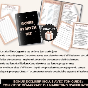 Présentation du bonus Starter Kit inclus : to-do list, tracker de mots de passe, liste de contenu, tableau de liens et liste de sites d’affiliation.