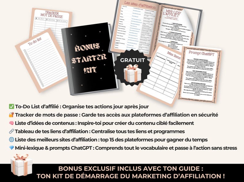Présentation du bonus Starter Kit inclus : to-do list, tracker de mots de passe, liste de contenu, tableau de liens et liste de sites d’affiliation.