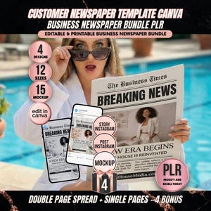 Business Newspaper Template Canva | Editable & Printable Business Newspaper Bundle + 15 Mockups | PLR Resell Rights | Brand Announcement