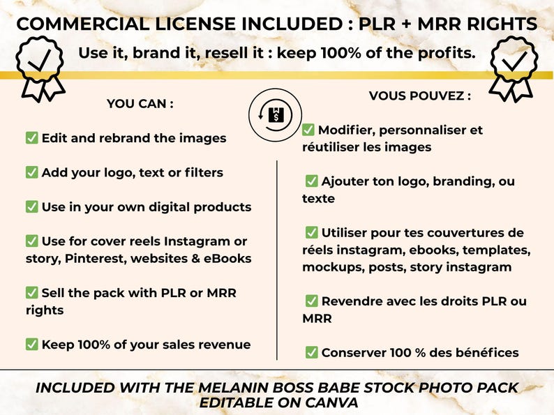 Commercial PLR MRR license included – use, edit and resell Melanin Boss Babe stock photos for digital products and social media
