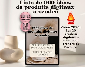 List of 600 ideas for the best digital products to sell. Ebook in French | PLR Product | Passive income ideas categorized by profitable niche