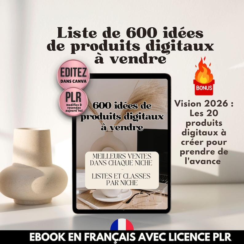 mockup d'une tablette montrant l'ebook de liste d'idées des meilleurs produits digitaux à vendre dans les meilleurs niches en 2026