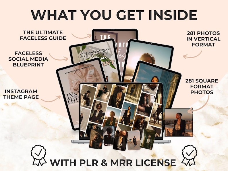 Melanin Faceless Stock Photo Bundle – includes 281 square and vertical photos, 3 bonus guides, PLR & MRR license for digital creators