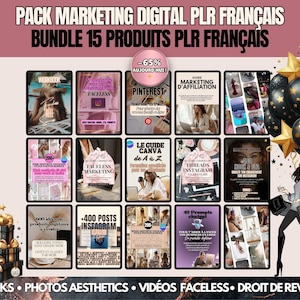 Pack marketing digital PLR Français, Bundle faceless marketing, 15 Produits digitaux avec droit de revente, Ebook business sur Instagram