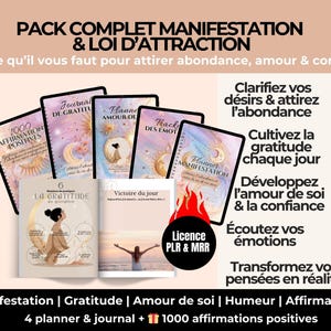 Op de afbeelding: Een verzameling tijdschriften en planners met de tekst "PACK COMPLET MANIFESTATION & LOI D'ATTRACTION". De set bevat een dankbaarheid dagboek, een liefde planner en een emotie dagboek. De tekst bevat ook "1000 affirmations positives".