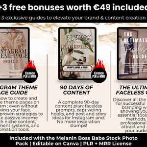 3 exclusive bonuses included with Melanin Boss Babe Stock Photos – branding guide, content planner, PLR MRR license editable in Canva