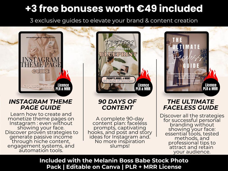 3 exclusive bonuses included with Melanin Boss Babe Stock Photos – branding guide, content planner, PLR MRR license editable in Canva