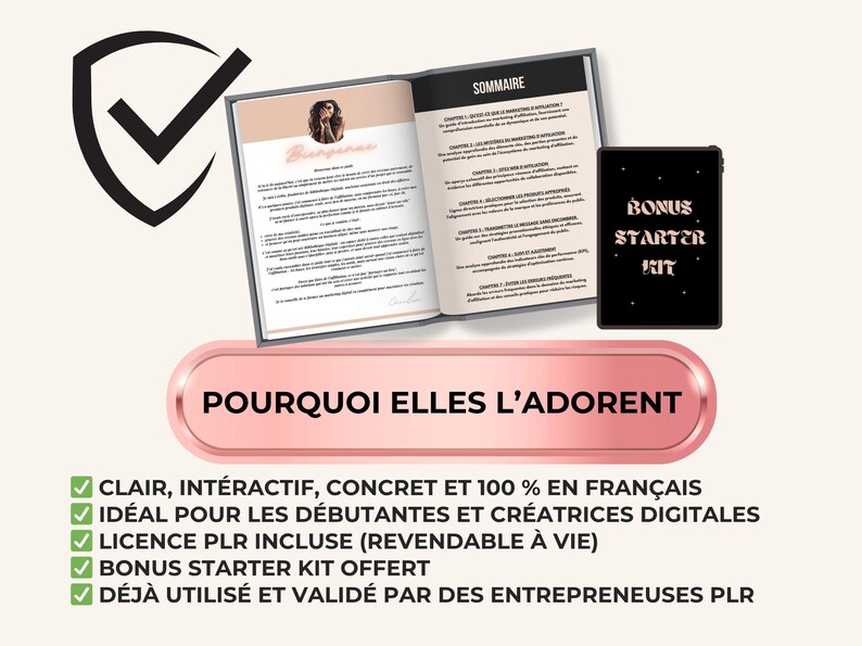 Infographie expliquant pourquoi le guide PLR « Marketing d’affiliation » est apprécié : clair, concret, revendable et accessible aux débutantes.