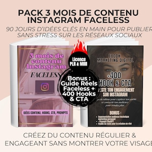 May include: Two books with the title "PACK 3 MOIS DE CONTENU INSTAGRAM FACELESS" are displayed. The book on the left has the title "3 mois de contenu Instagram FACELESS". The book on the right has the title "EBOOK MARKETING DIGITAL +400 HOOK & CTA".