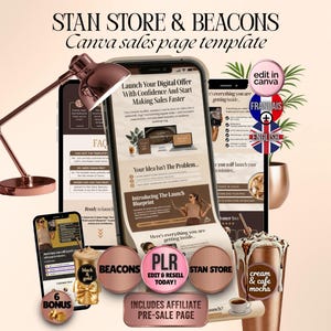 Puede incluir: Una lámpara de escritorio de oro rosa ilumina varios teléfonos inteligentes que muestran una plantilla de página de ventas de Canva. La plantilla incluye el texto "Launch Your Digital Offer With Confidence And Start Making Sales Faster". Elementos adicionales incluyen bebidas de café y acentos decorativos.