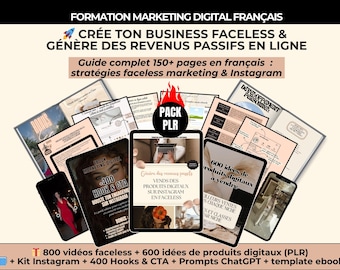 PLR digital marketing training in French, faceless marketing ebook to sell digital products anonymously on Instagram, PLR pack