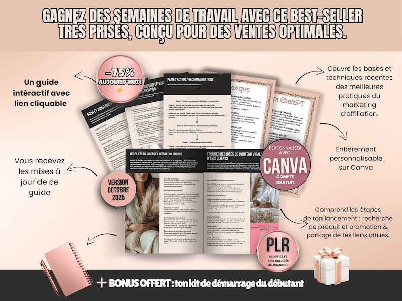 Aperçu du contenu complet du guide PLR : workbook, lexique, prompts ChatGPT, plan d’action et fiches pratiques, 100 % en français.