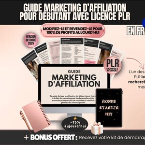 Visuel principal du guide « Marketing d’affiliation pour débutants » avec licence PLR, aperçu des pages intérieures et bonus offert, en français.