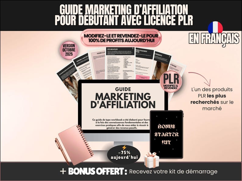 Visuel principal du guide « Marketing d’affiliation pour débutants » avec licence PLR, aperçu des pages intérieures et bonus offert, en français.