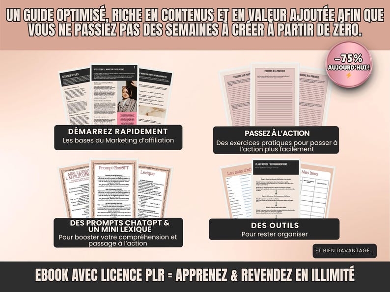 Présentation du guide PLR marketing d’affiliation éditable dans Canva, prêt à revendre et livré avec bonus Starter Kit.