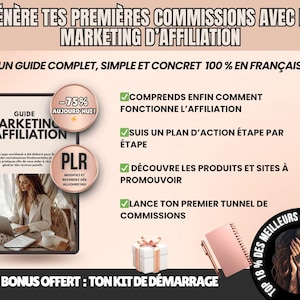 Illustration du guide montrant comment générer ses premiers revenus passifs grâce au marketing d’affiliation, bonus Starter Kit inclus.