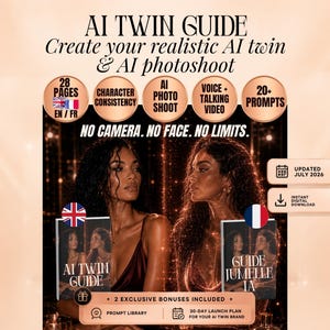 May include: A digital guide titled AI TWIN GUIDE featuring instructions to create a realistic AI twin and photoshoot. The document includes 28 pages, character consistency, AI photoshoot, voice and talking video, and 20 plus prompts. Text includes NO CAMERA. NO FACE. NO LIMITS. UPDATED JULY 2026 and INSTANT DIGITAL DOWNLOAD.