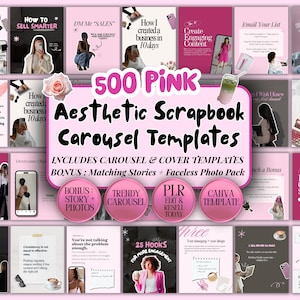 Puede incluir: Plantillas de carrusel de scrapbook estéticas en rosa, con 500 diseños para redes sociales. Incluye plantillas de carrusel y portada, además de bonificaciones como historias a juego. Para la creación de contenido.