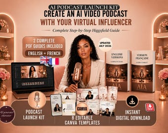 May include: An AI Podcast Launch Kit digital product featuring a laptop, two PDF guides in English and French, and eight editable Canva templates. The promotional graphic includes text about creating an AI video podcast with a virtual influencer.