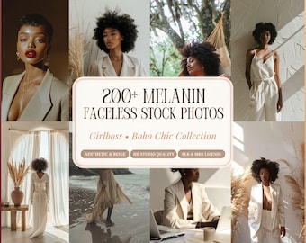 Melanin Faceless Stock Photos with PLR MRR, 200+ Beige Aesthetic Black Woman Photos, Boho Girlboss Stock Photo Bundle for Instagram