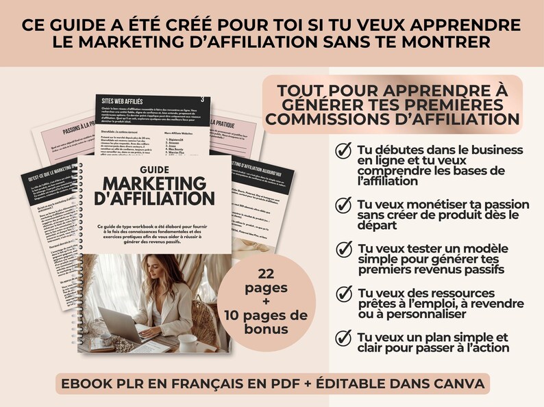 Infographie « Ce guide est pour toi si… » présentant les profils : femmes créatives, entrepreneuses digitales et débutantes en business en ligne.