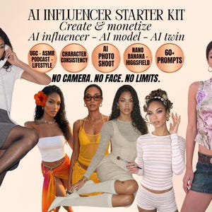 Peut inclure: Un kit de démarrage pour influenceur IA avec des textes superposés : AI INFLUENCER STARTER KIT, Create & monetize, AI influencer, AI model, AI twin, UGC, ASMR, PODCAST, LIFESTYLE, CHARACTER CONSISTENCY, AI PHOTO SHOOT, NANO BANANA, HIGGSFIELD, 60+ PROMPTS, NO CAMERA. NO FACE. NO LIMITS. L'image montre six tenues différentes : t-shirt blanc et jupe grise, haut blanc et paréo orange, haut jaune, robe beige, ensemble rayé et haut floral avec jupe en jean.