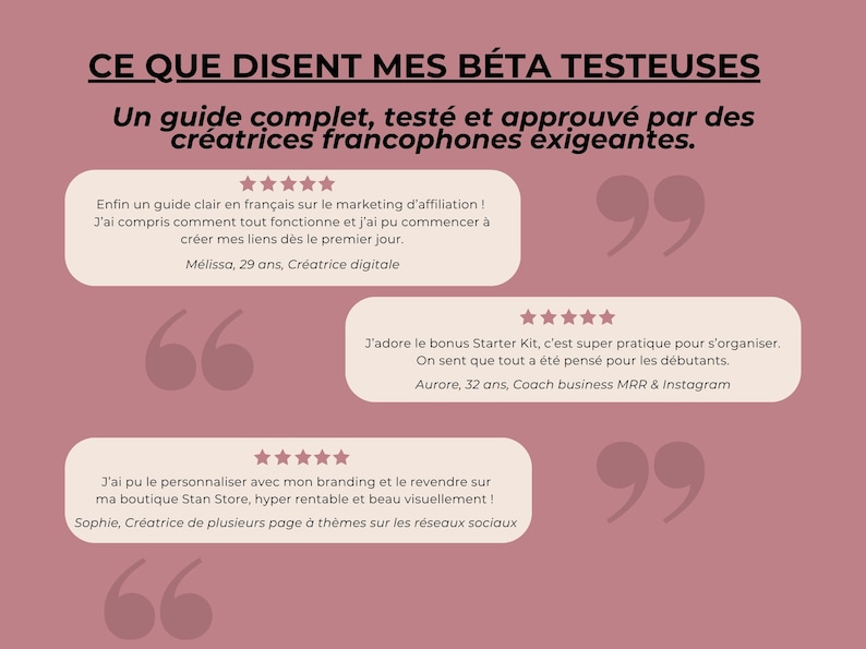 Témoignages et retours de bêta-testeuses soulignant la clarté et la qualité du guide PLR francophone sur le marketing d’affiliation.