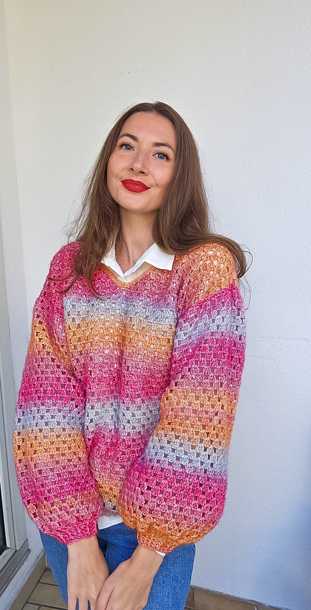 Crocheted Rainbow Sweater, Puffy Sleeves Granny Sweater , Handmade
