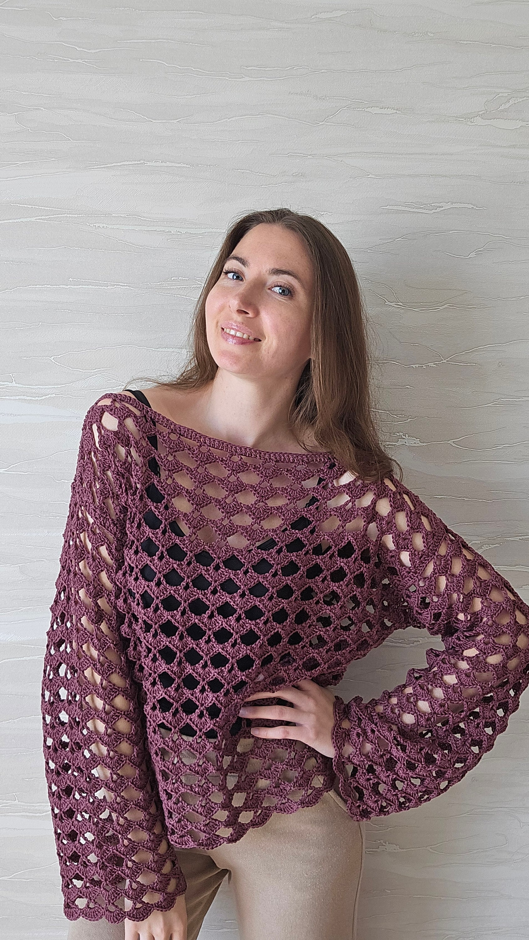 Handmade Crochet Cotton Crop Top: Burgundy Lace Blouse, Size L - Etsy