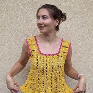 Crochet Crop Top: Handmade Cotton Ruffle Blouse - Yellow & Pink