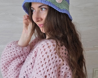 Cappello da pescatore in cotone fatto a mano all'uncinetto: berretto estivo lilla e menta - Italia