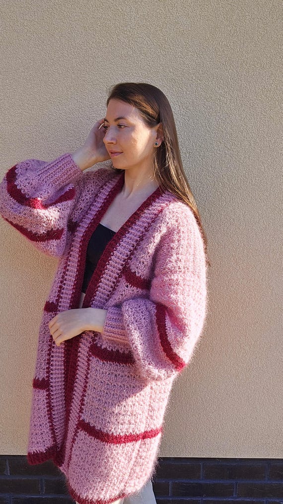 Handmade Mohair Crochet Cardigan: Pink Oversized Sweater With