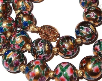 Chinese Porcelain Cherry Blossom 24kt Gold Bead Necklace